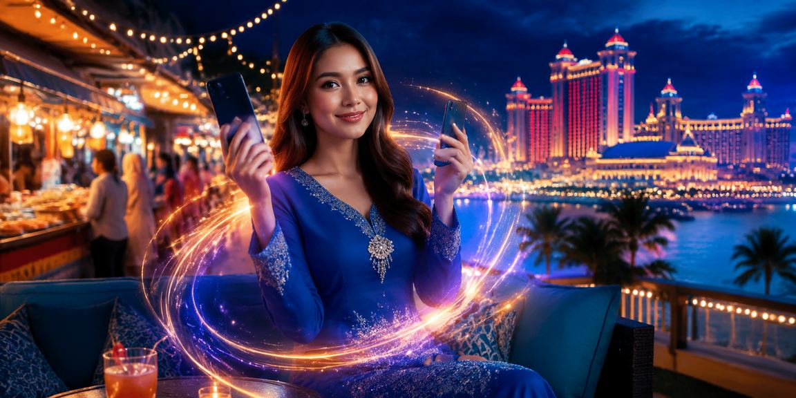 Pengguna wanita berbaju kurung menggunakan platform mudah alih di Genting Highlands